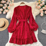 Autumn Long Sleeve Dress Women Fashion Vintage Elegant V Neck Ruffle Hem Wrap Dress Polka Dot Casual Mini Dress