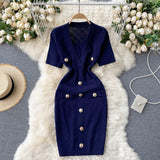 V Neck Short Sleeve Knit Sexy Mini Dress Office Lady Button Elegant Bodycon Dress