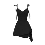 Summer Gothic Rock Black Mini Dress Women Sexy Strap Sleeveless V collar Lacing Side Lace up A-line Female Short Sundress