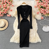 Fall Winter Midi Dresses For Women V Neck Button Long Sleeve Elegant Ribbed Knitted Dress Chic Sexy Bodycon Dress