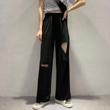 Women Casual Sweatpants Korean Style Solid Color Hole Elastic High Waist Loose Straight Pants