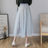 Summer Elastic High Waist Mesh Midi Skirt Ladies Elegant Big Swing A Line Skirt