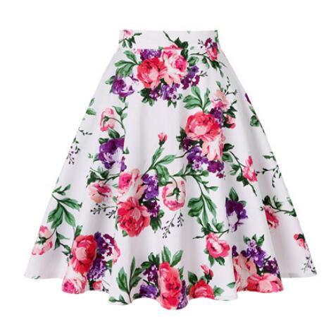 Retro Vintage High Waist Midi Skirts Cotton Plus Size 2XL Floral Printed A Line Women 50s 60s Big Swing Rockabilly Skirt