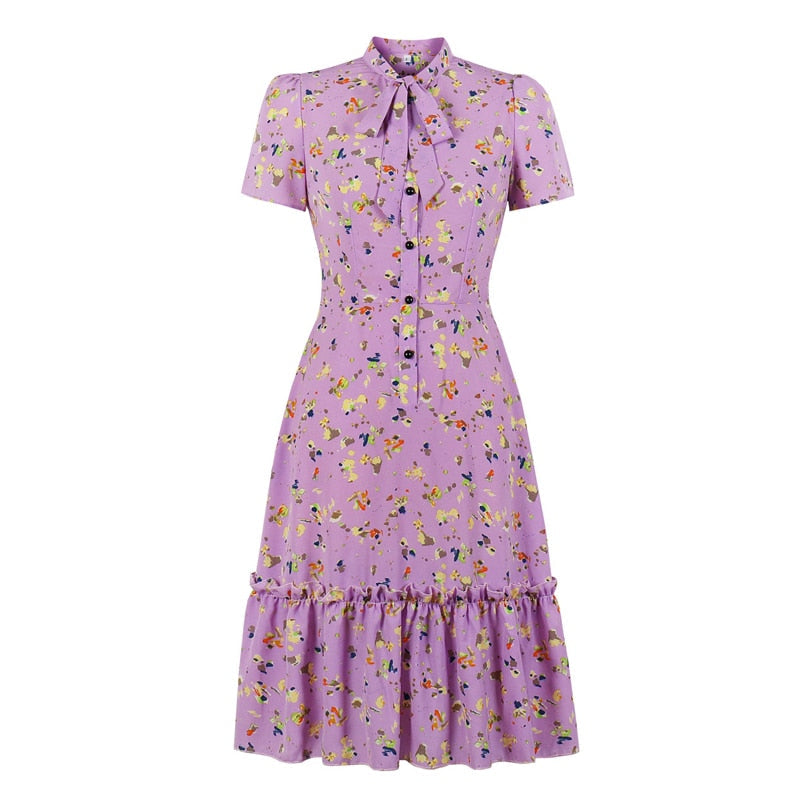 Lavender Bow Tie Neck Button Up Multicolor Print 50s Midi Dresses Women Short Sleeve High Waist Vintage Slim Ruffle Dress
