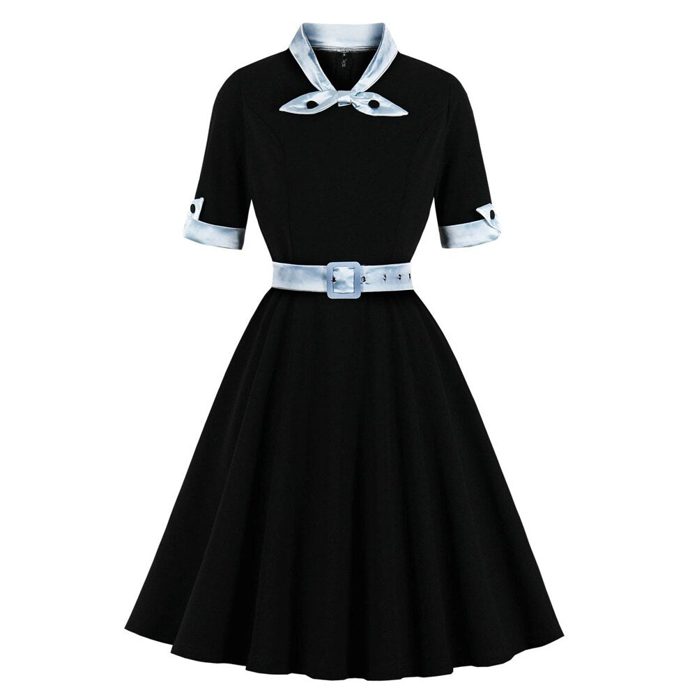 Black And White Women Half Sleeve Patchwork Robe Pin Up Swing Office Ladies Dresses