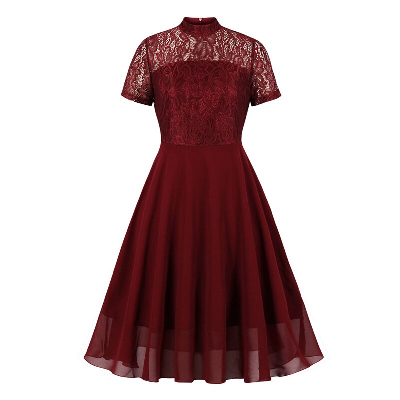 Burgundy Lace and Chiffon A Line Vintage Ladies Swing Dress