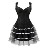 Women Gothic Sexy Corset Dress Vintage Floral Jacquard Straps Cup Corset Bustier Top With Mesh Striped Mini Tutu Skirt Set