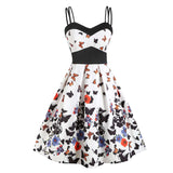 Butterfly Print 50s Vintage Dress Spaghetti Strap Women Pin Up Retro High Waist Knee Length Rockabilly Swing Dresses