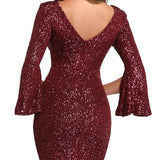 Burgund Evening Dress Long Sleeve Elegant Mermaid Long Formal Evening Party Dress V-neck Shiny Sequined Formal Prom Gowns