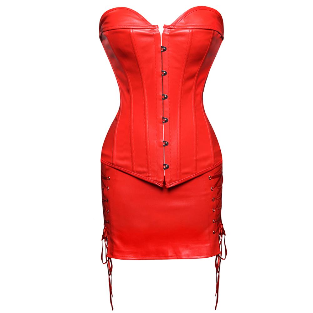 Women Gothic Faux Leather Corset Dress Sexy Overbust Corset Bustier Lingerie Top With Mini Skirt Set Party Burlesque Costume
