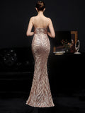 Sexy Backless V Neck Cocktail Sleeveless Suspender Party Dress Floor Length Sequins Mermaid Robes Vestidoes