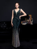 V Neck Sleeveless Mermaid Party Dress Sequins Backless Women Prom Gowns Floor Length Long Evening Robes