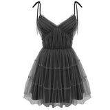 2021 Black Gothic Sexy Dress V Collar Vintage Spaghetti Strap Mesh Patchwork Mini Dresses 2021 Summer High Waist Dress For Women