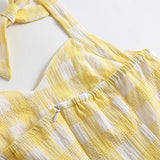 Vacation Women Summer Dress Sexy Backless Party Halter Neck Yellow Plaid 50s Vintage High Waist Ladies Swing Dresses