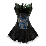 Women Sexy Peacock Feathers Embroidery Overbust Corset Bustier Lingerie Top With Mesh Mini Skirt Set Burlesque Corset Dress