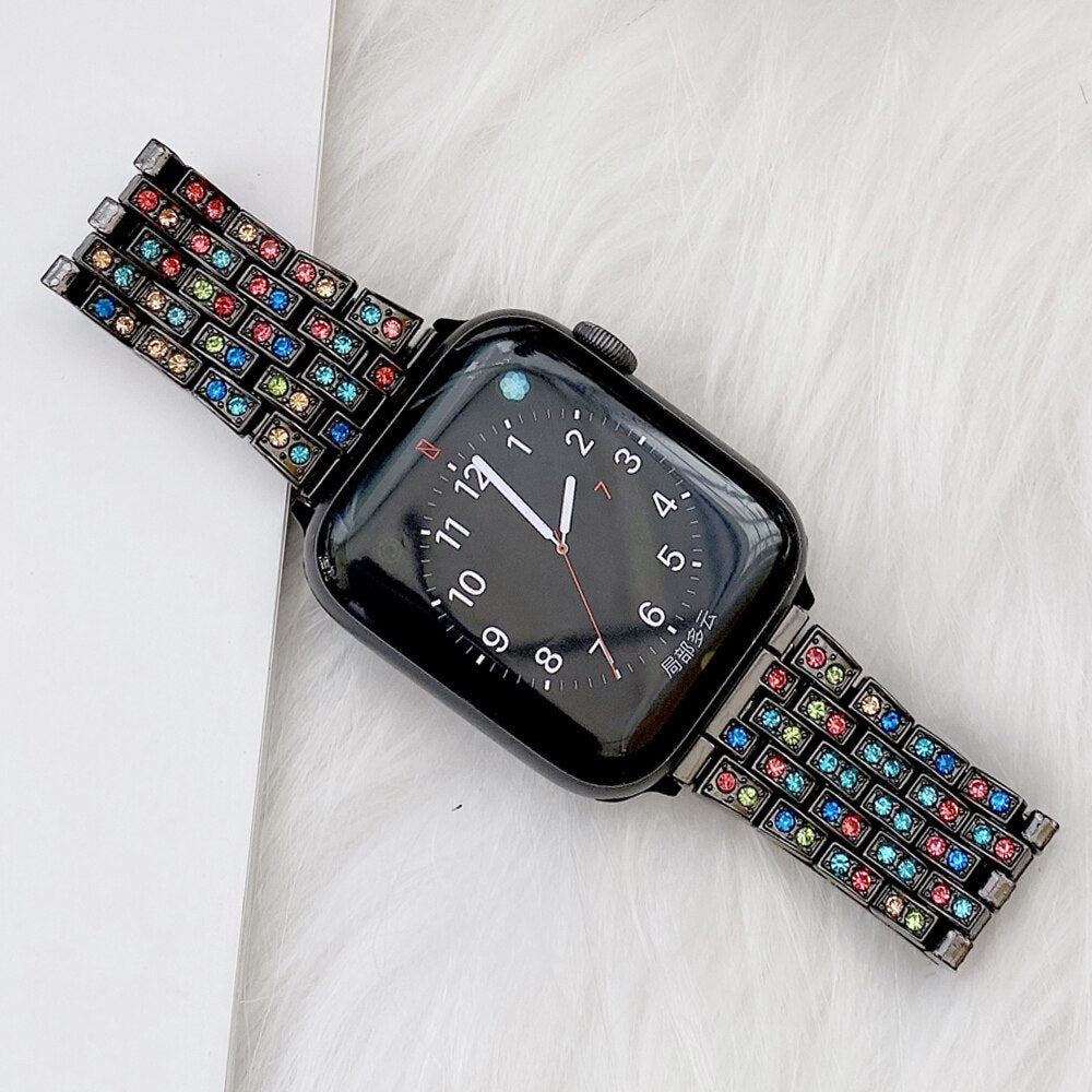 For Apple Watch 6 5 4 3 2 1 SE Women Style Watch Band Colored Five Beads Diamond Strap For iWatch 44mm 40mm 42mm 38mm Bracelet