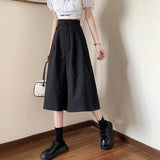 Women High Waist Wide Leg Pants Korean Style Solid Color Loose Ladies Calf-length Casual Pants