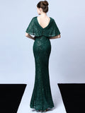 Formal Sequin Evening Dress Short Sleeve Green Dress Elegant Women Party Dress