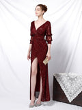 Split V neck Long sleeve Cocktail Party Dress Sexy Sequins Robe Floor length Shinning Formal Vestidoes Simple Full Dress