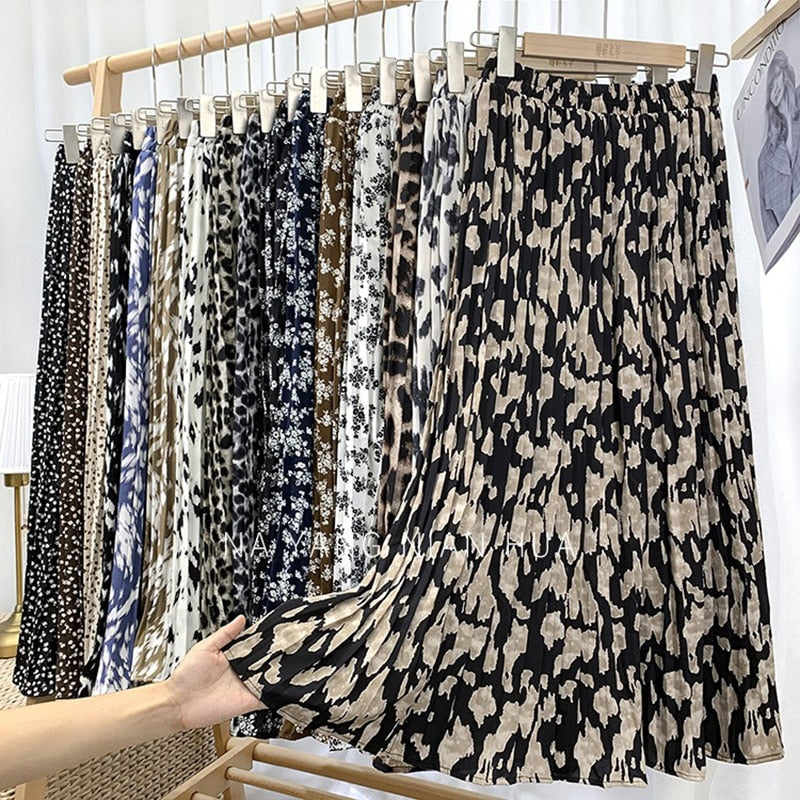 Elegant Vintage Leopard Print Pleated Elastic High Waist Long Chiffon Midi Skirt