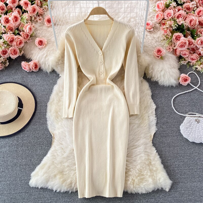 V Neck Long Sleeve Bodycon Ribbed Knitted Dress Autumn Winter Button E –  jetechband