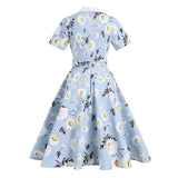 Notched Collar Daisy Elegant Women 1950s Vintage Belted Midi Dress Short Sleeve Button Front Ladies Floral Swing Dresses