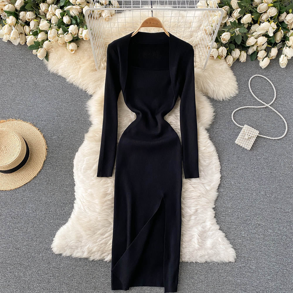 Women Square Neck Long Sleeve Knitted Dress Fall Winter Sexy Front Slit Midi Dress Elegant Ribbed Bodycon Dress