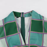 Button Front High Waist Plaid Vintage Robe Ruched Green Elegant Party V Neck Pocket Side Dress Plus Size
