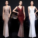 V Neck Sleeveless Mermaid Party Dress Sequins Backless Women Prom Gowns Floor Length Long Evening Robes