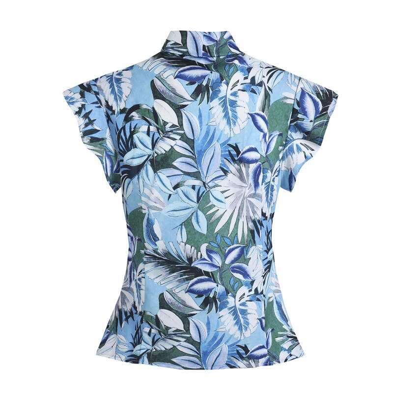 Bow Tie Neck Ruffle Armhole Botanical Print Button Up Office Shirt 2021 Summer Elegant Women Blouse Vintage Fashion 50s 60s Tops