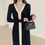 Winter Contrast Color V Neck Long Sleeve Casual Sweater Dress Chic Knitted Slit Elegant Midi Dress
