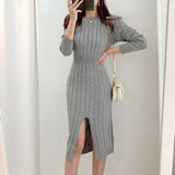 Casual O-Neck Cable Knitted Sweater Dress Winter Long Sleeve Elegant Front Slit Sexy Bodycon Dress