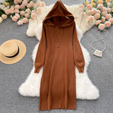 Autumn Winter Warm Hooded Long Sleeve Loose Casual Sweater Dress Ribbed Knitted Elegant Midi Dress