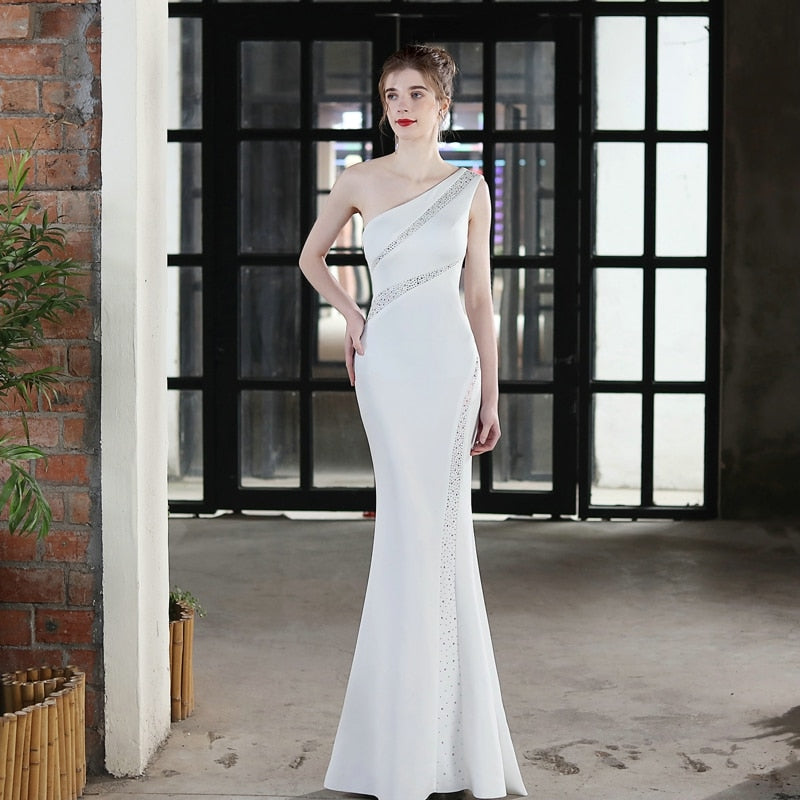 Elegant One Shoulder Sofe Satin Evening Dress Women Crystal Party Maxi Dress