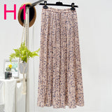 Summer New Vintage Floral Print Chiffon Pleated Skirt Elastic High Waist Casual Midi Skirt