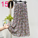 Summer New Vintage Floral Print Chiffon Pleated Skirt Elastic High Waist Casual Midi Skirt