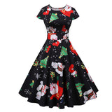 Multicolor Print Red Christmas Gift Women Party Dress Swing A Line O Neck High Waist Cap Sleeve Vintage 50S Style Clothes