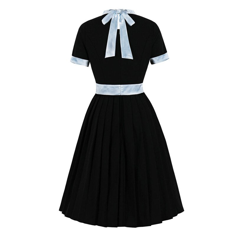 Stand Collar High Waist Patchwork Elegant Black Pleated Runway Dress Women Bow Tie Back Knee Length Ladies Dresses