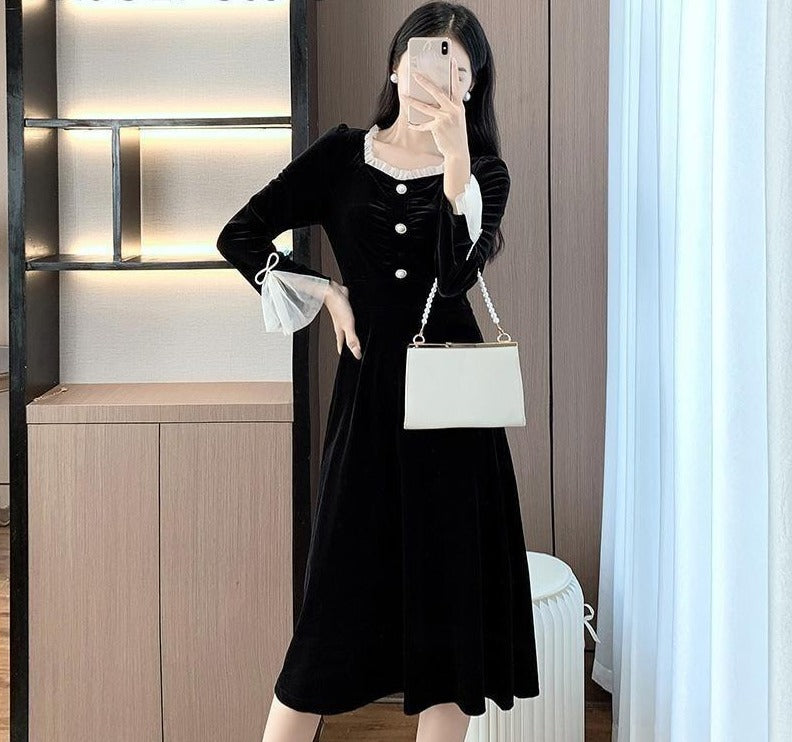 elegant korean black dress Korean Vintage Black Lace Midi Dress - Kawaii Fashion Shop
