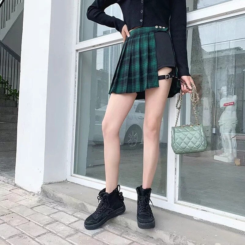 Gothic Punk Harajuku Vintage Plaid Mini Skirt Women Pleated A-Line