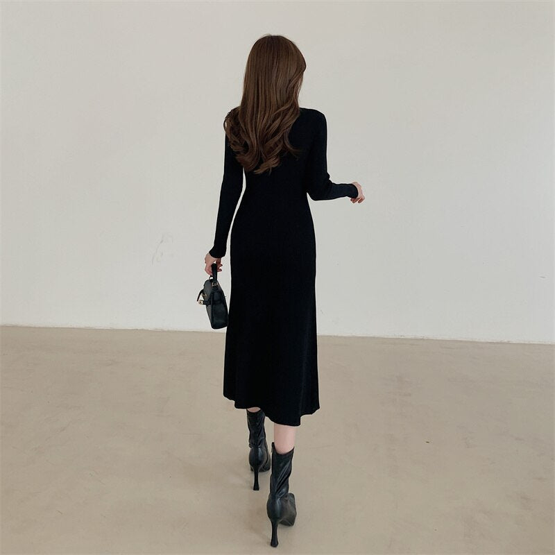 Winter Contrast Color V Neck Long Sleeve Casual Sweater Dress Chic Knitted Slit Elegant Midi Dress