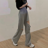 Women Casual Sweatpants Korean Style Solid Color Hole Elastic High Waist Loose Straight Pants