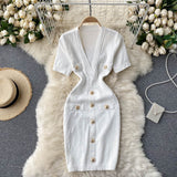 V Neck Short Sleeve Knit Sexy Mini Dress Office Lady Button Elegant Bodycon Dress