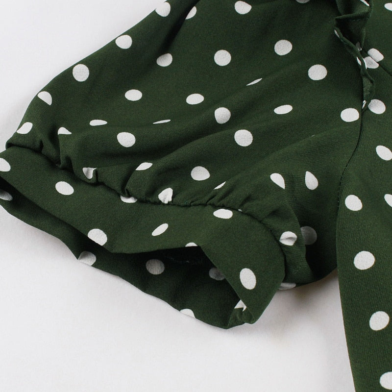 Turn-down Collar Tie Front Polka Dot Vintage Robe Women Green 50s Pin Up Dress Short Sleeve Elegant Summer Pleated Dress