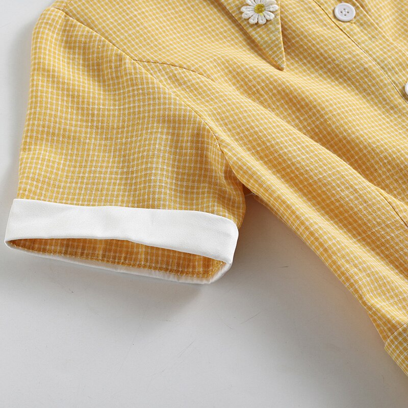 Solid Turn-Down Collar Buttons Yellow Vintage 50s Plaid Midi Shirt Dresses for Women Elegant Summer Belted Retro Clothes