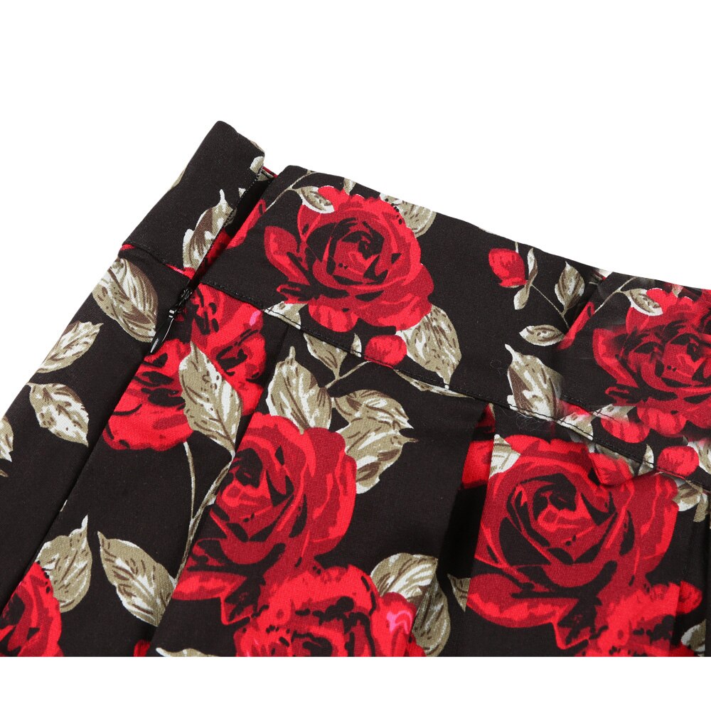 High Waist Floral Rockabilly Pleated Skirts Womens Summer Red Rose Flower Women Vintage Skirt Midi Plus Size 3XL Clothing