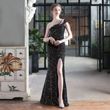 New One Shoulder Party Maxi Dress Sexy Slit Sequin Evening Dress