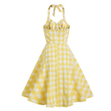 Vacation Women Summer Dress Sexy Backless Party Halter Neck Yellow Plaid 50s Vintage High Waist Ladies Swing Dresses