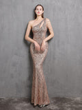 Elegant One Shoulder Mermaid Sequins Cocktail Party Dress Sleeveless Slim Tassels Crystal Prom Gowns Women's Formal Dress Long