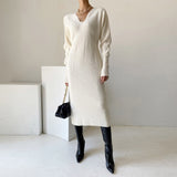 Elegant Winter Warm Thick Soft Knitted Sweater Dress Woman Long Sleeve U Neck Bodycon Midi Dress